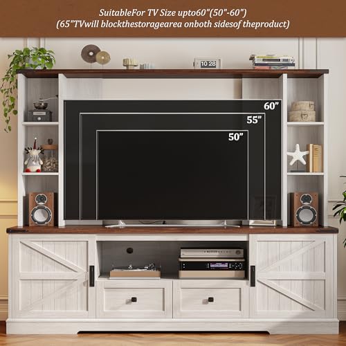 EnHomee Farmhouse Entertainment Center for 60" TV with LED & Power Outlets | Tall TV Console Wood TV Stand with Storage Shelves,Bookshelf for Living Room, Bedroom, White - color: White