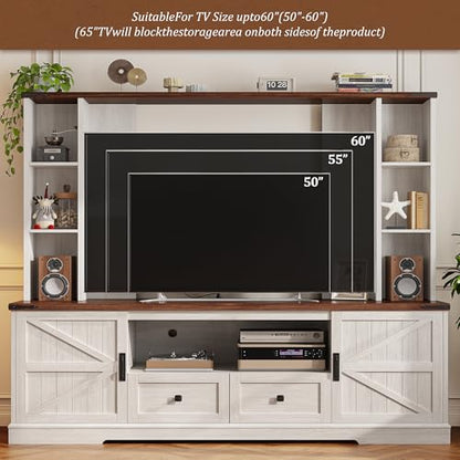EnHomee Farmhouse Entertainment Center for 60" TV with LED & Power Outlets | Tall TV Console Wood TV Stand with Storage Shelves,Bookshelf for Living Room, Bedroom, White - color: White