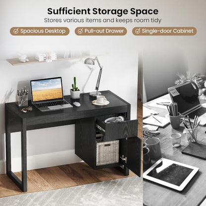 Tangkula Computer Desk with Storage Cabinet & Drawer, White Wooden Home Office Desk, PC Laptop Workstation Study Writing Desk with Smooth Surface, Ideal for Home Office (Black) - color: Black