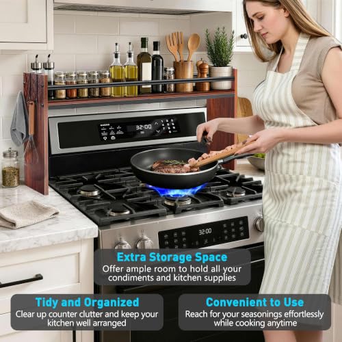 Spice Rack Shelf for Kitchen Stove, Over The Stove Shelf with 4 Hooks, Premium Wood & Metal Commbined Spice Rack Organizer Extra Storage Countertop (Walnut) - color: Walnut