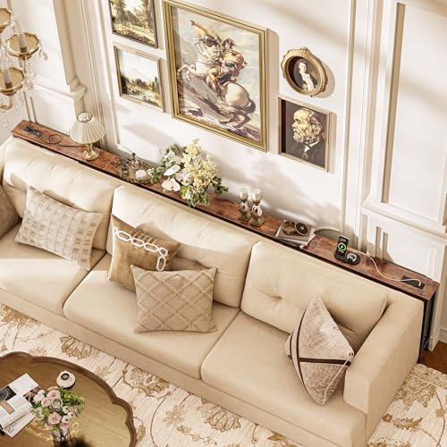Huuger 126 Inch Sofa Table with Power Outlets, Skinny Behind Couch Table | 5.9 Inch Narrow Entryway Table, Extra-Long Console Table, Behind the Couch Table with Outlet for Living Room, Rustic Brown - color: Rustic Brown, size: 5.9"D × 126"W × 29.7"H