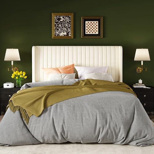 Allewie Full Size Velvet Bed Frame/Vertical Channel Tufted Wingback Headboard/Upholstered Platform Bed/Strong Wooden Slats/No Box Spring Needed/Easy Assembly/Cream White - color: Cream White, size: Full