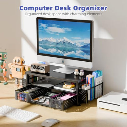 Simple Trending 2-Tier Monitor Stand Riser, Desk Organizer, Drawer, Black | Laptop & Printer Stand, Desktop Organizer, Drawer & 2 Pen Holders, Sturdy Material, for Home Office, 16"W x 10"D x 5.8"H - size: 16"W x 10"D x 5.8"H