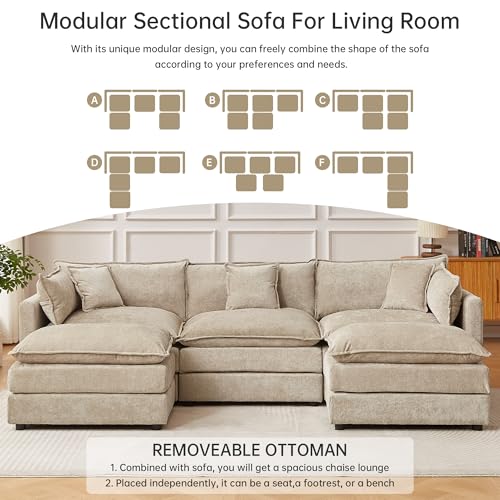 HIPIHOM Modular Sectional Sofa, 112.2 Inch U Shaped Couch Set with Armrests, 3-Seater Comfy Cloud Couches for Living Room Apartment, Coffee - color: Coffee, size: 112'' - U Shape