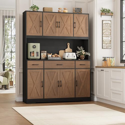 HOSTACK 71" Tall Kitchen Pantry Cabinet, 55" W Kitchen Hutch, Brown/Black | Large Pantry Cabinet with Charging Station / Countertop / 3 Drawers, Farmhouse Hutch Cabinet with Storage for Dining Room - color: Brown/Black