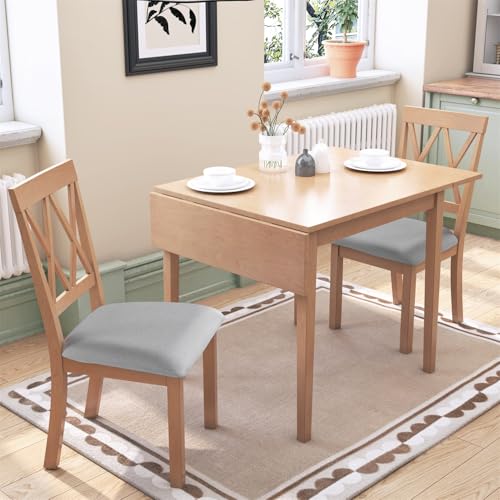 3Pcs Dining Set with Drop Leaf Dining Table and 2 X-Back Chairs, Solid Wood Kitchen Table Set for Small Place, Natural+Grey - color: Natural+grey