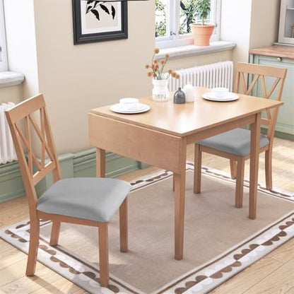 3Pcs Dining Set with Drop Leaf Dining Table and 2 X-Back Chairs, Solid Wood Kitchen Table Set for Small Place, Natural+Grey - color: Natural+grey