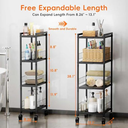 Expandable Slim Storage Cart with Wheels, 4 Tier Narrow Metal Rolling Utility Cart Organizer Adjustable Open Floor Shelving Unit for Small Spaces Bathroom Laundry Room Kitchen