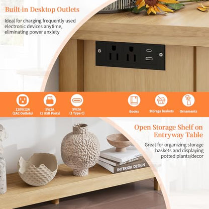 Fluted 47.2" Console Table with Outlets and USB C, Narrow Entryway Table with 3 Drawers, Boho Wood Sofa Table Behind Couch for Living Room, Natural Oak - color: Entryway Table-oak