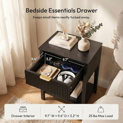 FuniXpress Black 15" Wide Small Nightstand with Drawer, Shelf, Fluted Front | Black wood-grain finish, fluted drawer with gold handle accent, 11.8-inch slim depth, compact storage for small spaces - color: Black