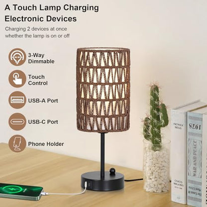 Bedside Lamps Set of 2, Touch Control Night Stand Lamp for Bedroom with Rattan & Linen Shade & Bulbs, 3 Way Dimmable Small Boho Table Lamps with USB Charging Port & Phone Stand (Coffee Color) - color: Coffee-2pack
