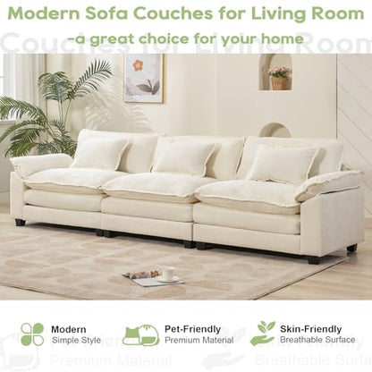 120" Modular Sectional Sofa, Comfy 3 Seater Deep Cloud Couch | Couches for Living Room, Modular Couch, Deep and Wide Seat, Chenille Sofa Sleeper with Throw Pillows, Beige White - color: Beige White, size: 120 Inch