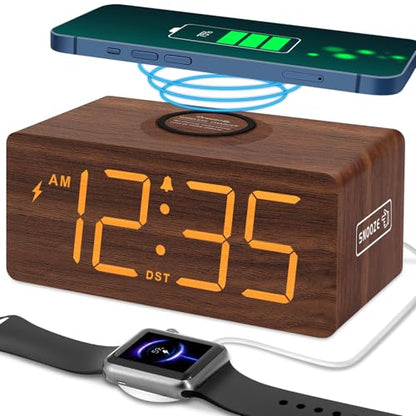 DreamSky Wooden Digital Alarm Clock with Wireless Charging for Bedroom | Bedside Nightstand Clock with Charger Station, USB Port, Large Numbers, Adjustable Volume, Brightness Dimmer, DST - color: Brown