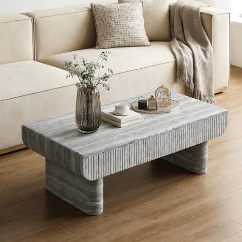 46.85" Coffee Table with Faux Marble Tabletop & Fluted Drawer for Living Room, Modern Rectangular MDF Wooden Centre Table Tea Table for Apartment, Grey - color: 46.85" Coffee Table With Faux Marble Tabletop,grey