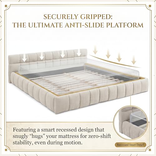 Modern Grounded Chenille Bed Frame, Low Profile Upholstered Platform Bed with Inset Design, No Box Spring Needed, Quiet & Sturdy MDF Wood Foundation, Zero-Gap Cleaning, King, Beige - color: Beige, size: King (U.S. Standard)