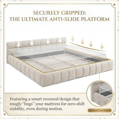 Modern Grounded Chenille Bed Frame, Low Profile Upholstered Platform Bed with Inset Design, No Box Spring Needed, Quiet & Sturdy MDF Wood Foundation, Zero-Gap Cleaning, King, Beige - color: Beige, size: King (U.S. Standard)