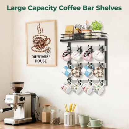 EsLuker.ly Coffee Mug Holder Cup Hanger Wall Mounted Display Rack | Metal Organizer with 12 Movable Plastic Hooks, Wood Rustic Shelf for Coffee Bar Home Kitchen, Thoughtful Wall Storage, Grey - style: 12 Movable Hooks Light Grey Style