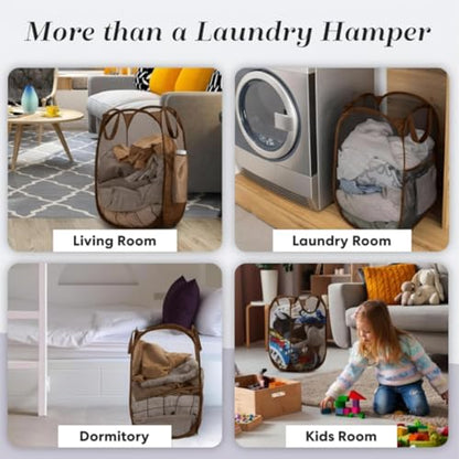 Handy Laundry Collapsible Mesh Pop Up Laundry Hamper with Side Pocket | Collapsible Mesh Pop Up Hamper, Wide Opening, Side Pocket, Breathable, Sturdy, Foldable, Space-Saving for Clothes Storage - color: Brown