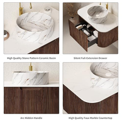 36” Floating Bathroom Vanity with Sink, Fluted Wall-Mounted Solid Wood Cabinet, White Marble-Pattern Ceramic Basin, Faux Marble Top, Soft-Close Drawer, Pre-Assembled, Walnut Woodgrain - color: 03 - Walnut Woodgrain, size: 36"