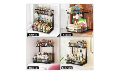 Lumela Under Sink Organizer, 2-Tier Slide-Out Cabinet Organizer Shelf, Height Adjustable Metal Pull-Out Storage Rack with Wood Handle for Kitchen & Bathroom Cabinets (Black)