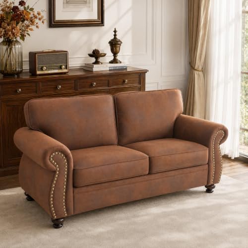 71" W Loveseat Sofa Couch, Faux Leather Fabric Sofas, Caramel Rust | Mid-Century Love Seat with Nailhead Trim, Upholstered Couch Set for Living Room Bedroom - color: Caramel Rust, size: S-2 seat