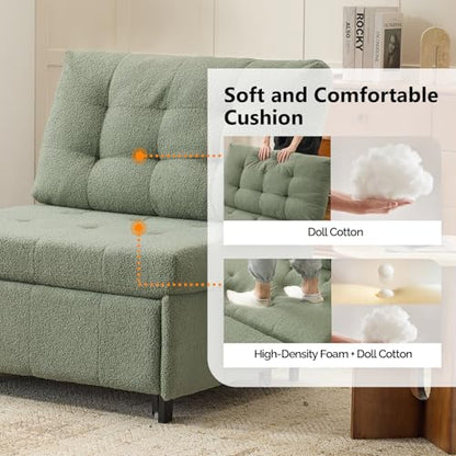 VINGLI Convertible Sofa Bed Tufted Teddy Fleece Sleeper Chair Bed Couch Armless Living Room Chairs with Adjustable Backrest Pull Out Couch Bed for Small Spaces - color: Light Green
