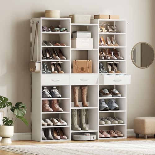 Tall Shoe Rack, 9 Tiers Large Shoe Cabinet with Fabric Drawers, Holds up to 44 Pairs, Modern Entryway Shoe Shelves Organizer with 21 Open Cubbies, Wooden Shoe Rack for Closet, Hallway, White