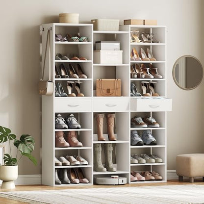 Tall Shoe Rack, 9 Tiers Large Shoe Cabinet with Fabric Drawers, Holds up to 44 Pairs, Modern Entryway Shoe Shelves Organizer with 21 Open Cubbies, Wooden Shoe Rack for Closet, Hallway, White