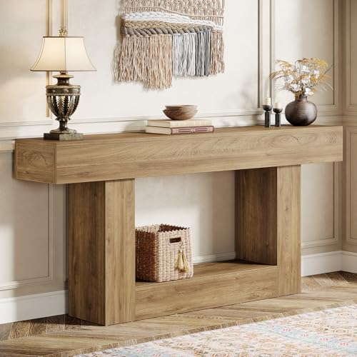Tribesigns 63" Console Table, Farmhouse 2-Tier Entryway Table with U-Shaped Base, Narrow Long Wood Sofa Table Behind Couch Table for Living Room, Hallway, Foyer, Light Brown - color: Light Brown
