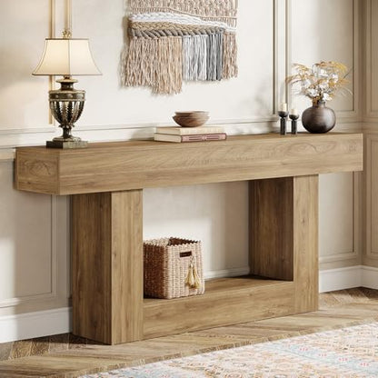 Tribesigns 63" Console Table, Farmhouse 2-Tier Entryway Table with U-Shaped Base, Narrow Long Wood Sofa Table Behind Couch Table for Living Room, Hallway, Foyer, Light Brown - color: Light Brown