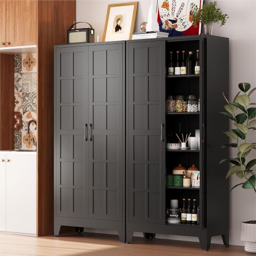 COFaR 71" Black Metal Storage Cabinet with Doors for Office and Garage | 5-tier kitchen pantry cabinet with square-panel doors and 4 adjustable shelves for laundry room, office or garage storage. - color: Black, size: 71"H 5 Tiers & Square doors