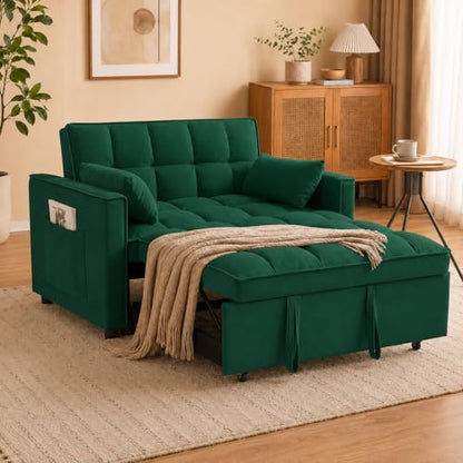 55" Pull Out Sleeper Sofa, Velvet Loveseat with Side Pockets, Green | Velvet upholstery, 5-level adjustable back, Pull-out bed design, Sturdy frame with side pockets - color: Green