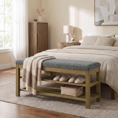 VKNOW 44.3” Entryway Bench, 2-Tier Upholstered Shoe Storage Bench, Black | Shoe Bench with Rubberwood Legs, Shoe Rack for Entryway, Hallway, End of Bed, Living Room - color: Black1