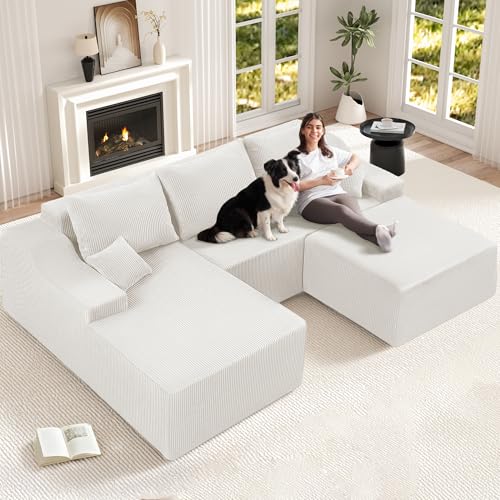 94“ U Shaped Modular Sectional Couch for Living Room, Modular Cloud Sofa with Ottoman, No Assembly Boneless Couches with Deep Seat, Corduroy Fabric (Beige, Left Facing) - color: Corduroy Beige, size: 94" U-Shaped Sofa-L