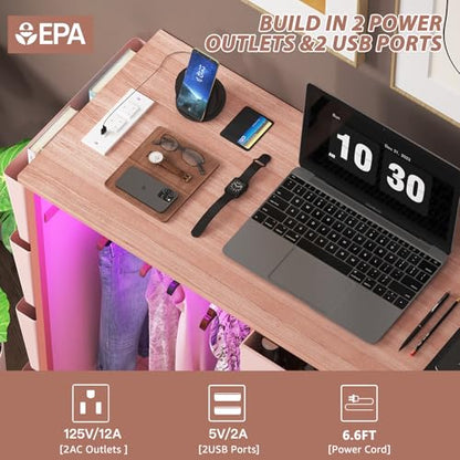 6 Drawer Dresser for Bedroom with Clothes Rack, Clothes Dresser with Side Pockets and Hooks, Charging Station & LED Lights, Wooden Top, Fabric Storage (Pink) - color: Pink