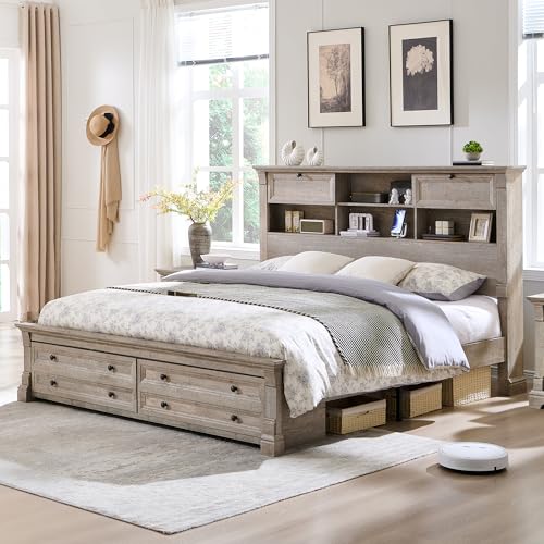 King Size Bed Frame with 54" Tall Storage Headboard, 2 Footboard Drawers | 18" Roman Column, 2 Drawers & 4 Bookcases On The Headboard, Wood Platform Bed Frame, No Box Spring Needed(Light Rustic Oak) - color: Light Rustic Oak, size: King(U.S.Standard)
