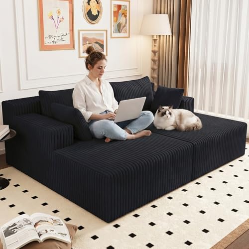 70.8" Oversized Boneless Double Chaise Lounge Chair Indoor, Upholstered Corduroy Cloud Chaise Lounges with 4 Pillows, Modern Deep Seat Loveseat Sleeper Sofa for Living Room Bedroom Apartment, Black - color: 70.8" Black