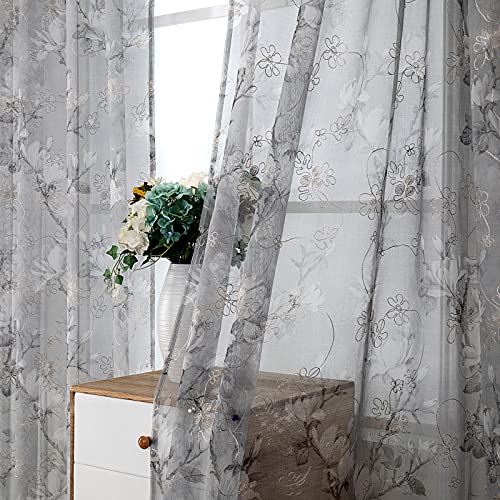 Tollpiz Floral Grey Short Sheer Curtains Flower Print Vine Embroidery Bedroom Curtain Rod Pocket Voile Window Curtains for Living Room, 54 x 45 inches Long, Set of 2 Panels - color: Grey, size: 54"W x 45"L (Pack of 2)