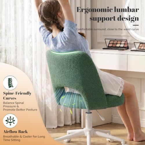 DurayLoly Vanity Chair with Wheels,Open Back,Armless,Green | Soft Teddy Fabric, 6" Thick Cushion, Height Adjustable, 300 lbs, 360° Swivel for Vanity Table, Home Office - color: Green
