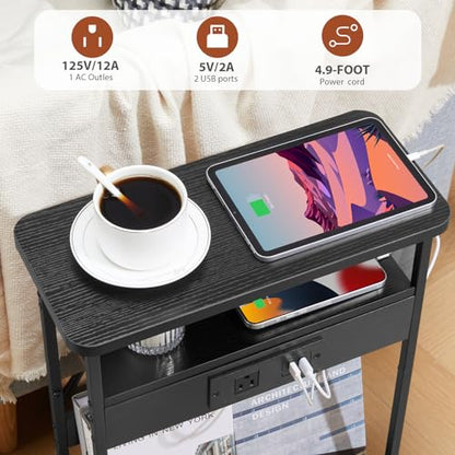 YEAKOO Narrow Side Table with Charging Station, 3-Tier End Table with 2 USB Ports & Power Outlets,Thin Sofa Side Table for Narrow and Small Spaces, Bedside Table Nightstand for Living Room,Black - color: Black