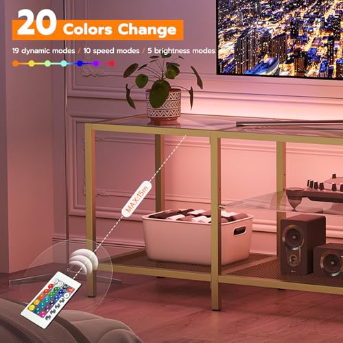 HOOBRO TV Stand with LED Lights and Power Outlets for TVs up to 75", Modern 63 Inch Tempered Glass TV Console Table with Open Shelves, Media Entertainment Center for Living Room, Gold GD165UDS01 - size: 63 Inch
