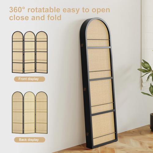 Rattan Room Divider with Bookshelf,Foldable Privacy Screen Partition,Wooden Frame,Natural Portable for Living Room,Bedroom Home,Office Reading Nook (Black, 3 Panels) - color: Black