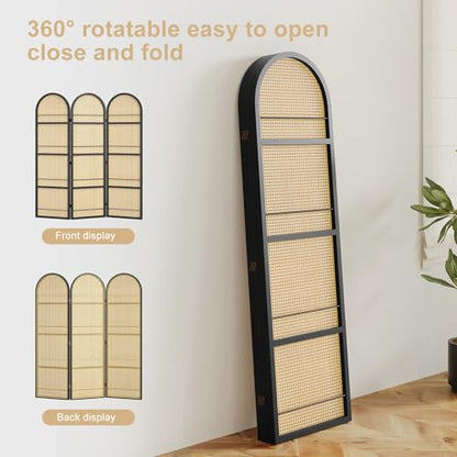 Rattan Room Divider with Bookshelf,Foldable Privacy Screen Partition,Wooden Frame,Natural Portable for Living Room,Bedroom Home,Office Reading Nook (Black, 3 Panels) - color: Black