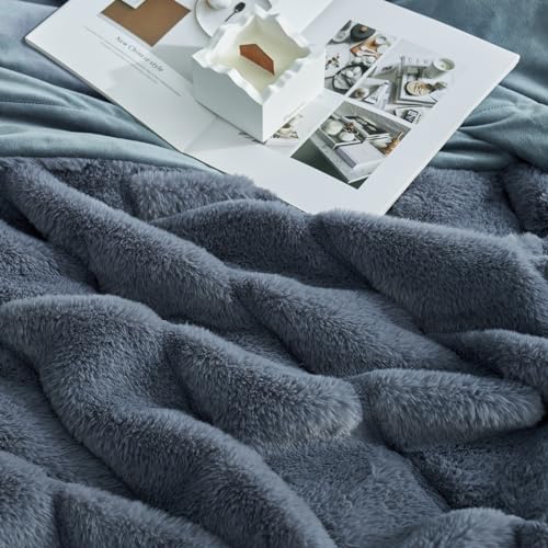 Cozy Bliss Deluxe Sheared Rabbit Faux Fur Throw Blanket, Soft Fuzzy High-Low Sculpted Plush Blanket for Couch, Cozy Home Accent, All Season Use, Blue 60"x80" - color: Stripe - Blue, size: Twin(60" x 80")
