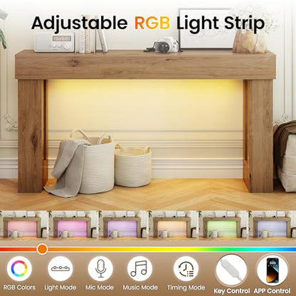 Apicizon 63" Long Console Table for Entryway with LED Light, Farmhouse Wooden Sofa Table Behind Couch, Narrow Entry Way Table for Living Room, Hallway, Entrance, Foyer, Brown - color: Light Brown