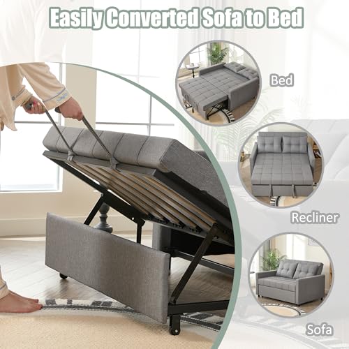 GOSUHI 52" 3-in-1 Convertible Sleeper Sofa Bed, Linen, Light Gray | Pull-Out Bed, Stepless Adjustable Backrest, Side Pocket, Compact Loveseat, Living Room, Dorm & Apartment - color: Light Gray