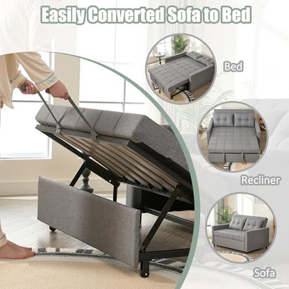 GOSUHI 52" 3-in-1 Convertible Sleeper Sofa Bed, Linen, Light Gray | Pull-Out Bed, Stepless Adjustable Backrest, Side Pocket, Compact Loveseat, Living Room, Dorm & Apartment - color: Light Gray