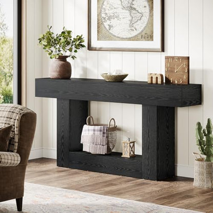Tribesigns 63" Console Table, Farmhouse 2-Tier Entryway Table with U-Shaped Base, Narrow Long Wood Sofa Table Behind Couch Table for Living Room, Hallway, Foyer, Black - color: Black