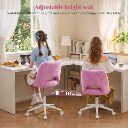 DurayLoly Vanity Chair with Wheels & Open Back,Light Purple | Soft Teddy Fabric, Armless, 6" Thick Cushion, Height Adjustable, 300 lbs, 360° Swivel for Vanity Table, Home Office - color: Light Purple