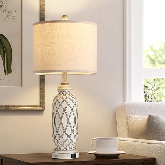 Farmhouse Table Lamps for Bedroom Set of 2, 28" Rustic Bedside Lamp with USB Ports, 3-Way Dimmable Nightstand Table Lamp for Living Room - color: 1.off white